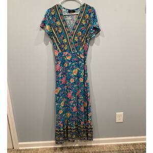 Zesica Womens Tiered Wrap Maxi Dress Size Small Teal Blue Floral Boho Beachy
